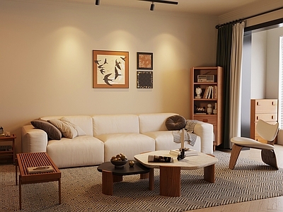 奶油风开放式客厅 沙发茶几组合 中古客厅