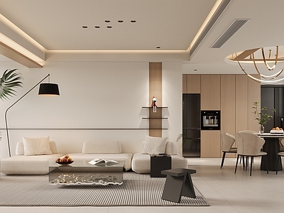 奶油风大平层客餐厅 原木奶油客餐厅 开放式书房