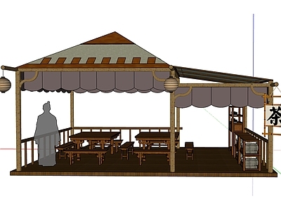 新中式餐饮建筑 茶铺 铺面 茶摊位