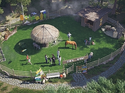 乡村自然风文旅项目景观 萌宠乐园 萌宠互动小矮马 骑马互动体验 萌宠马圈舍 文旅研学骑马体验