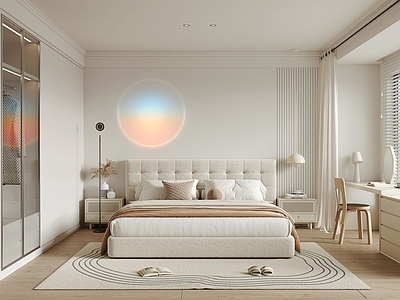 奶油风主卧 现代奶油风卧室 布艺双人床 床头柜 梳妆台 破晓灯