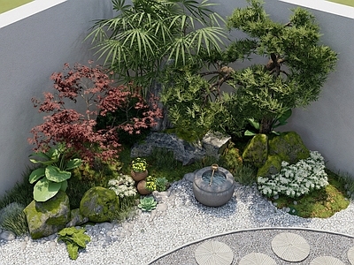 新中式景观别墅庭院 中式庭院花园  园林景观 枯山水