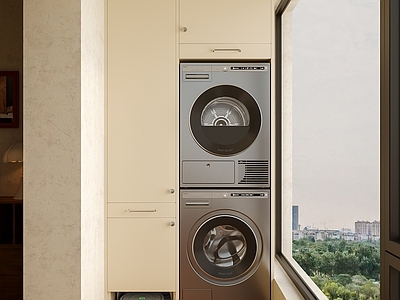 奶油风阳台 复古 中古阳台 家政柜 洗衣机柜 白色阳台