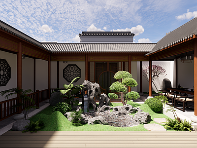 新中式别墅庭院 中式庭院 连廊 凉亭 假山流水 植物组合