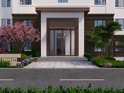 新中式多层住宅楼 小区单元门 单元门绿植 小区绿植 楼房单元门