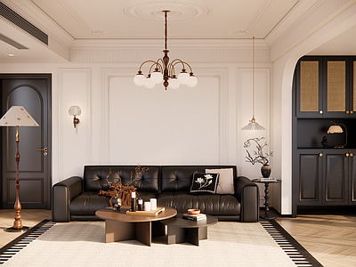 中古风家居客厅 法式中古客厅组合 现代中古沙发组合 法式中古边几吊灯 现代中古藤编边柜 法式中古落地灯