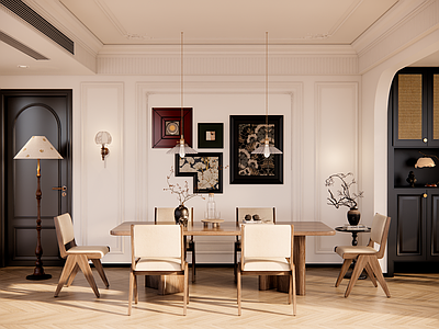 中古风家居餐厅 法式中古客餐厅 法式复古餐厅 法式复古吊灯壁灯 法式复古装饰画 现代中古餐桌椅