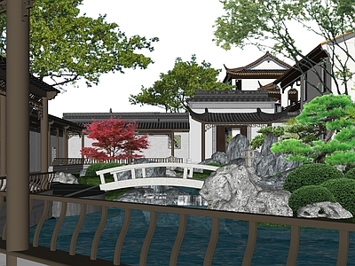 新中式别墅庭院 新中式庭院景观