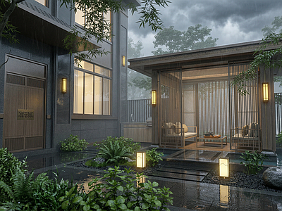 新中式别墅庭院 新中式庭院 枯山水