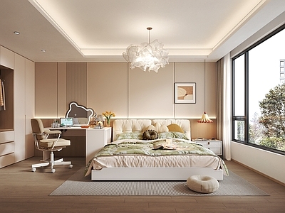 奶油风女孩房 次净衣柜 书桌化妆一体