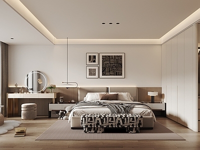 奶油风主卧 现代奶油风卧室 双排衣柜 化妆桌