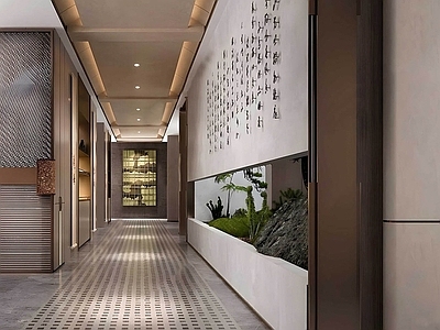 新中式酒店走廊  新中式酒店走廊 洗浴中心过道  酒店足浴过道