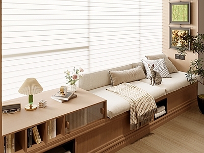 原木奶油风家居阳台 飘窗 飘窗柜 飘窗坐垫 坐垫 挂画