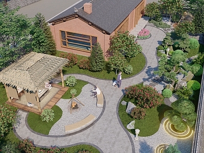 新中式景观乡村庭院 现代新中式庭院 新中式文旅小院 新中式枯山水 现代微景观 乡村茅草亭