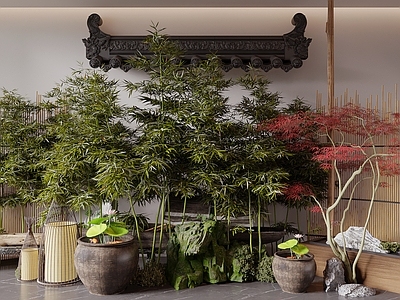 新中式景观围栏 竹子  竹林 庭院景观 屋檐屋脊 园林景观