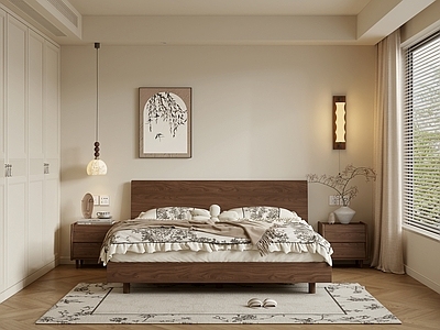 奶油风主卧 中古风卧室 实木双人床 床头柜 装饰画 壁灯