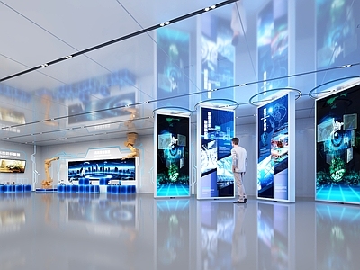 科技感现代简约科技展厅 led整列柱子 科技企业展厅 机械臂