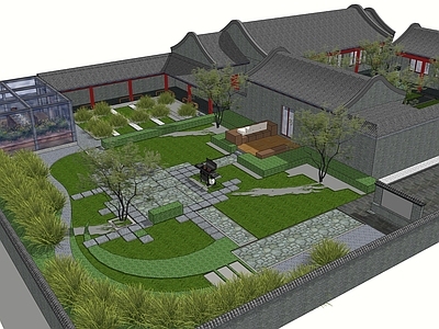 新中式别墅庭院 庭院 别墅庭院