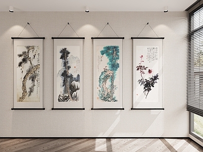 新中式书房 玄关挂画 茶室挂画 书房挂画 张大千松寿延年 张大千松树牡丹