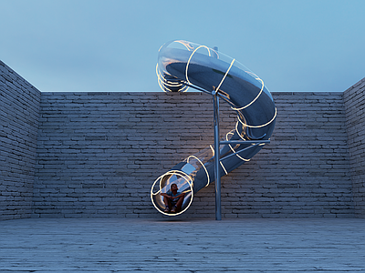 极简主义小公建 金属玻璃旋转滑梯 弧形旋转 发光 白天夜间两用效果 异形