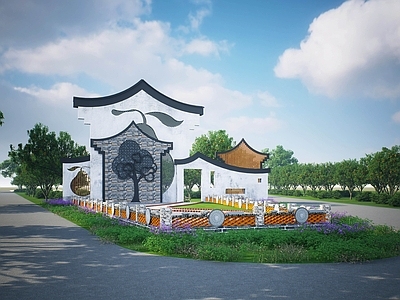 新中式乡村入口标志 乡村入口景墙