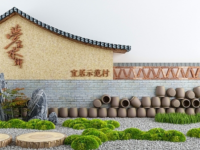 新中式景墙 新中式陶罐假山 假山庭院景墙 绿植院落庭院景观 民宿建筑山墙面 民宿花园景观