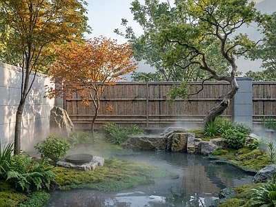 日式禅意别墅庭院 新中式庭院 水景石头 庭院 造型树 植物景观