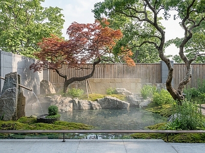 新中式别墅庭院 庭院 水景石头 庭院 造型树 植物景观