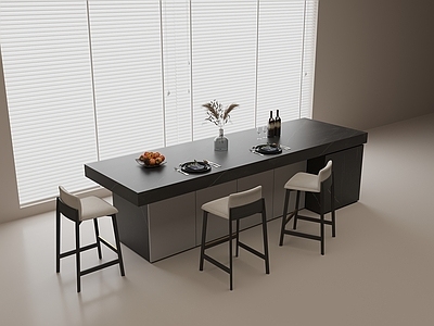 极简吧台 现代中岛吧台 大理石吧台 休闲吧椅 餐具 花瓶装饰