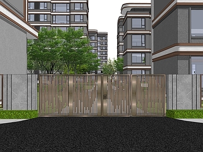 新中式入口大门 住宅入口 围墙 小高层住宅建筑