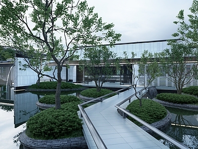 新中式住宅区景观 中式住宅景观 住宅水景 住宅回廊 住宅廊架