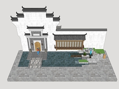 新中式商业综合体景观 徽派景墙 商街水景 商业流水小品 民俗商业水景