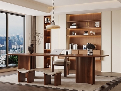 奶油风书房 书桌椅 书柜