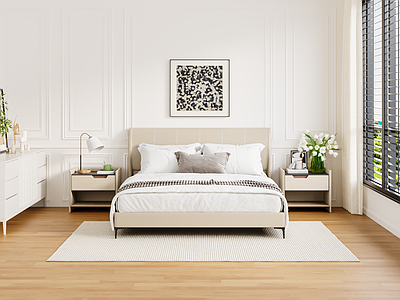 奶油风主卧 现代家居卧室 现代双人床 装饰品摆件 台灯 布艺