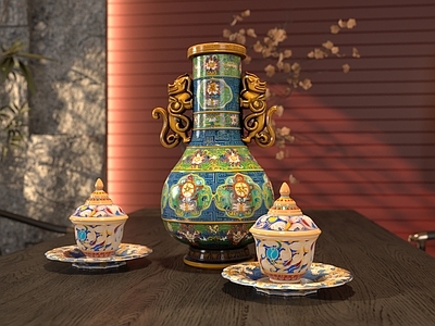新中式摆件组合 中式 银器 瓷器