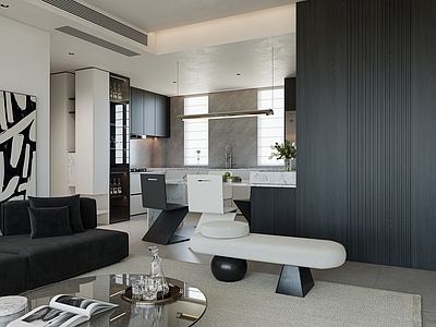 现代极简黑白灰客餐厅 现代客餐厅 黑白灰客餐厅 现代极简客餐厅