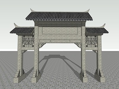 新中式入口大门 三间三楼式石牌坊 宗教寺院山门 景区入口 传统古建筑牌坊