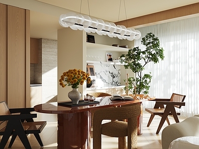 奶油风大平层客餐厅 现代餐厅 原木风客餐厅 奶油风客餐厅 现代餐桌椅 六人餐桌