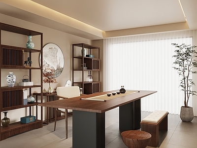 新中式茶室 茶桌椅 博古架