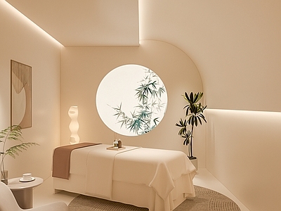 奶油风美容院 奶油风美容包间 美容床 竹影透光膜  杜邦纸 休闲椅