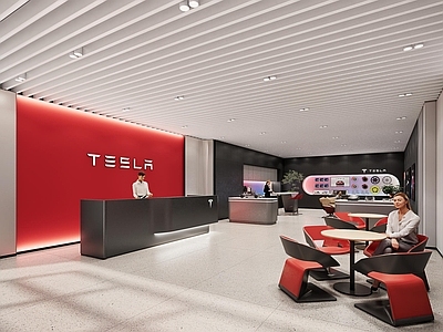 现代极简汽车4S店 特斯拉 汽车销售 汽车4s店 接待厅 洽谈区
