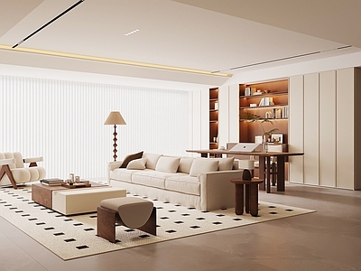 奶油风大平层客餐厅 中古风客厅  中古风书房