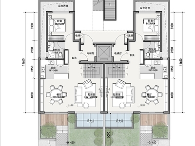 现代别墅建筑 叠拼户型160㎡ 6F叠拼别墅 叠拼联排合院平面 上中下叠 施工图