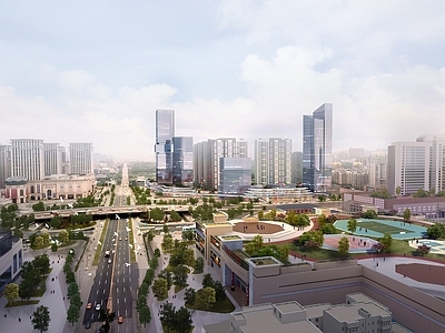 现代主义鸟瞰规划 太华路超高层 现代办公楼