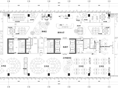 现代整体办公空间 办公平面方案设计 平面图纸 水吧台 书吧桌 会议室 施工图