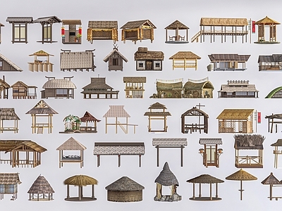 传统茅草屋风格木屋 现代小木屋 茅草棚  茅草亭  乡村建筑