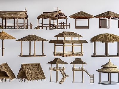 东南亚风格风格建筑 现代小木屋  茅草棚 茅草亭 小建筑 乡村建筑