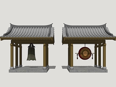 新中式寺庙建筑 钟鼓亭 寺庙凉亭 钟亭 园林景亭