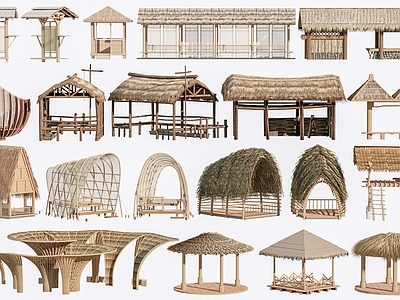 乡土建筑风格木屋 现代茅草屋 木屋 凉亭 茅草房 景观亭