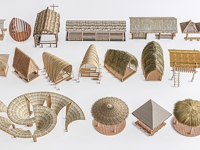 乡土建筑风格木屋 现代茅草屋  木屋 凉亭 茅草房